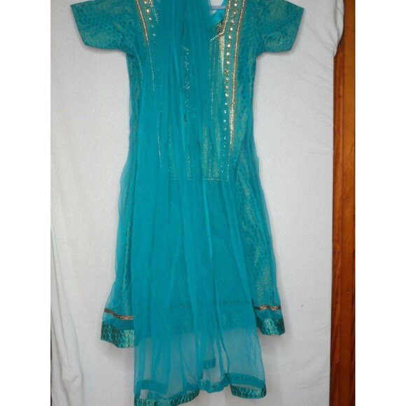 Gorgeous Beaded Teal Gold w Scarf Dress India - Picture 11 of 11